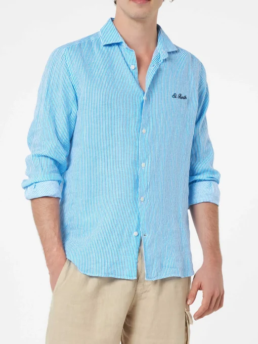 Camicia da uomo in lino rigato turchese Pamplona