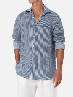 Camicia da uomo in lino rigato blu navy Pamplona