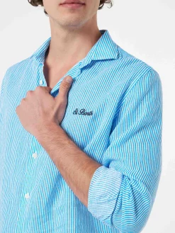 Camicia da uomo in lino rigato turchese Pamplona