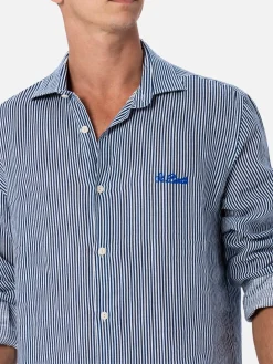 Camicia da uomo in lino rigato blu navy Pamplona