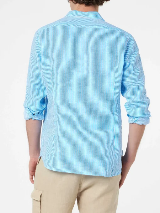 Camicia da uomo in lino rigato turchese Pamplona