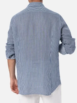 Camicia da uomo in lino rigato blu navy Pamplona