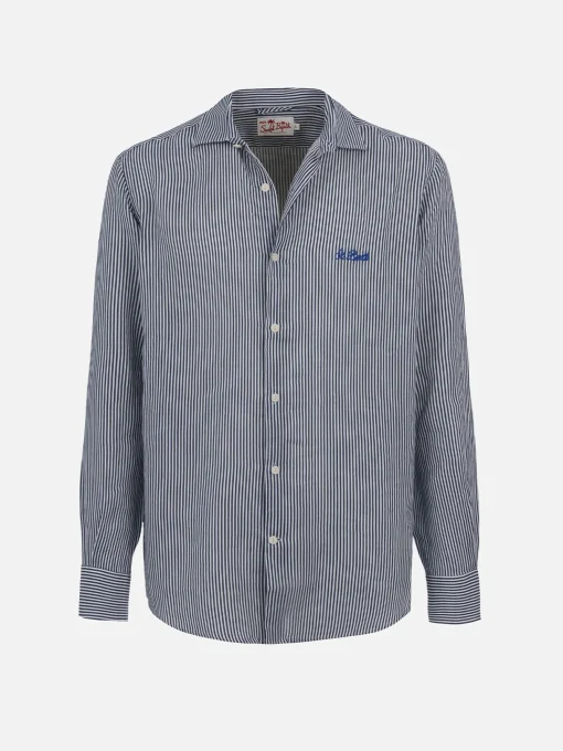 Camicia da uomo in lino rigato blu navy Pamplona