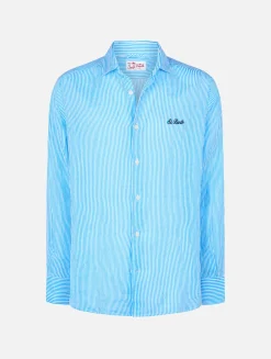 Camicia da uomo in lino rigato turchese Pamplona