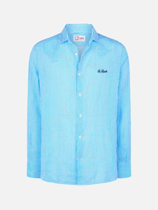 Camicia da uomo in lino rigato turchese Pamplona