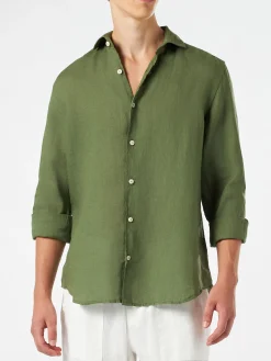 Camicia da uomo in lino verde militare