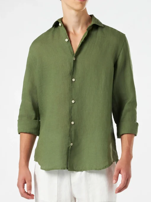 Camicia da uomo in lino verde militare