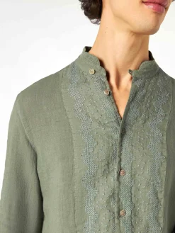 Camicia da uomo in lino verde militare