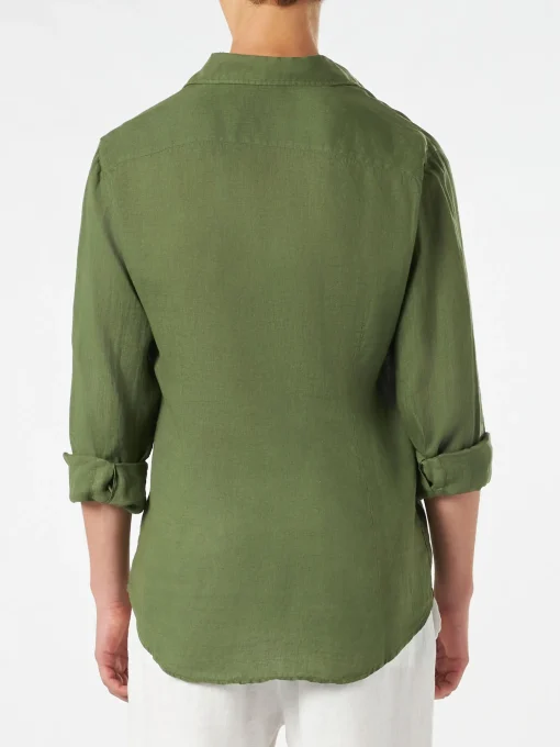 Camicia da uomo in lino verde militare