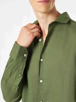 Camicia da uomo in lino verde militare