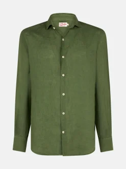 Camicia da uomo in lino verde militare