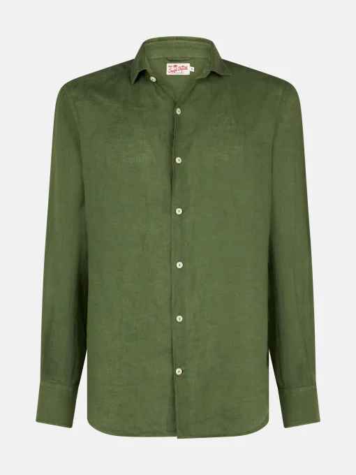 Camicia da uomo in lino verde militare