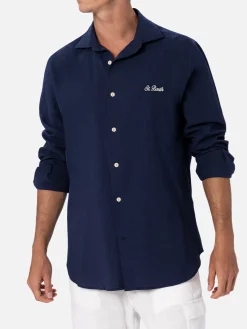 Camicia da uomo in seersucker blu in cotone Pamplona