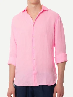 Camicia da uomo Pamplona in lino rosa fluo color acqua