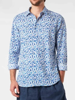 Camicia da uomo Sikelia in mussola di cotone con stampa foglie blu