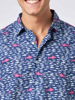 Camicia da uomo Sikelia in mussola di cotone con stampa di pesci e squali