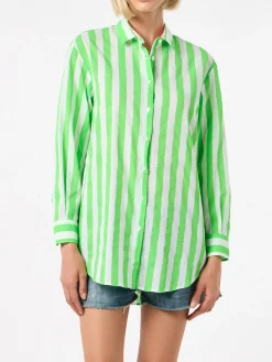 Camicia in cotone a righe ricamo Portami al mare