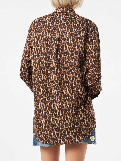 Camicia in cotone stampa leopardo con ricamo