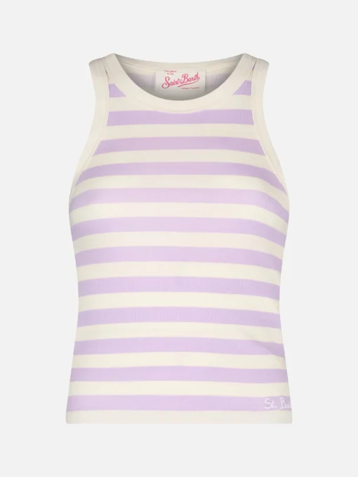 Canotta da donna in cotone rigato lilla e bianco sporco in maglia a costine