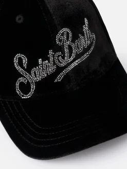 Cappellino da baseball in velluto nero con logo in strass