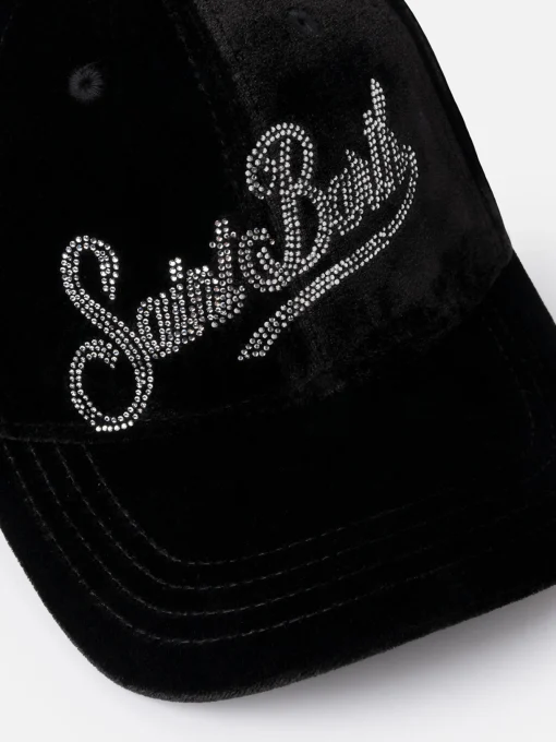 Cappellino da baseball in velluto nero con logo in strass