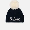 Cappello blu da bambino Wengen con pompon e ricamo St. Barth