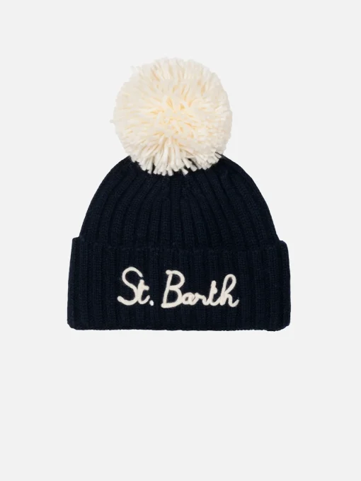 Cappello blu da bambino Wengen con pompon e ricamo St. Barth