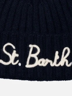 Cappello blu da bambino Wengen con pompon e ricamo St. Barth