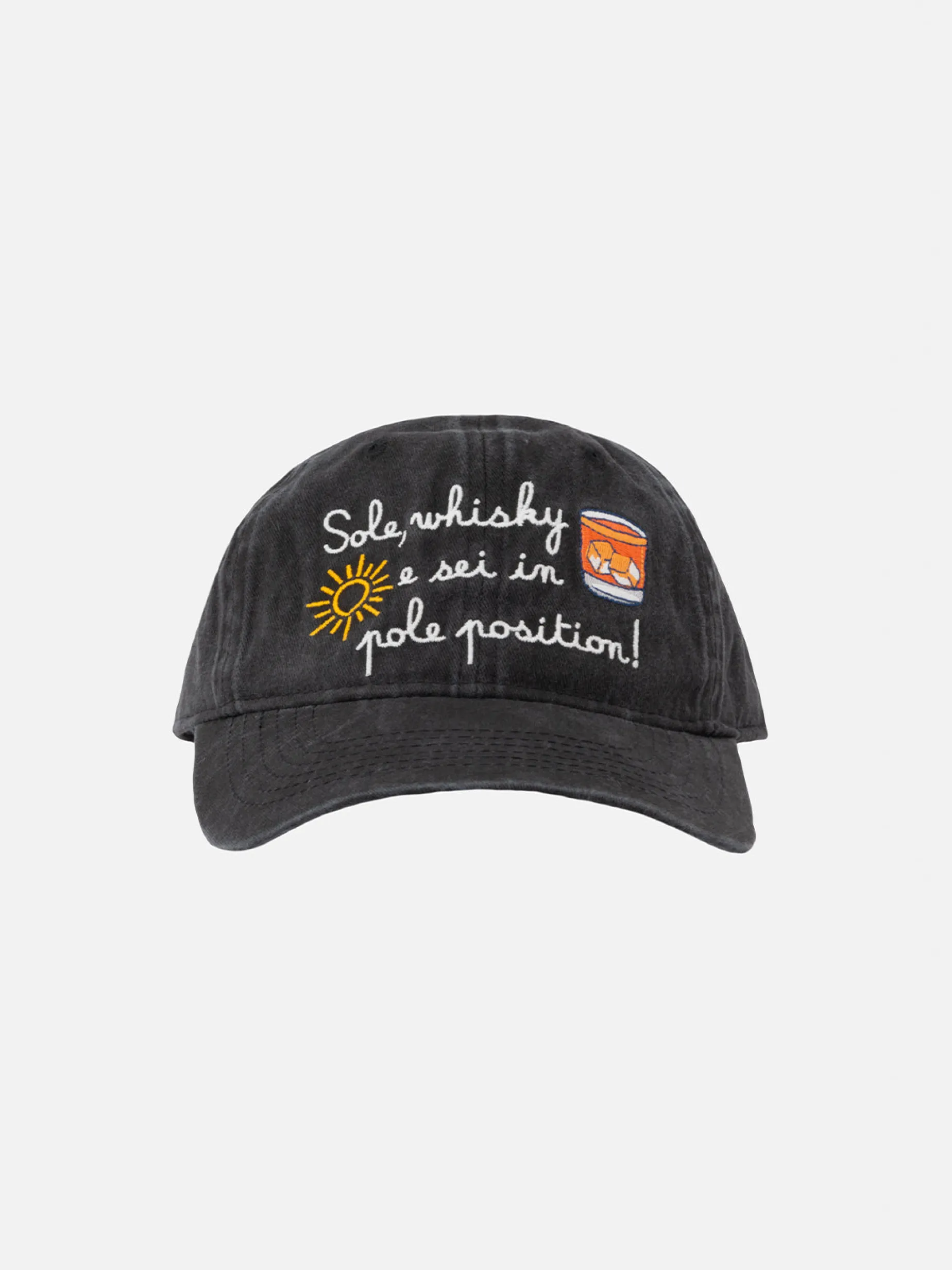 Cappello da baseball ricamato in denim Davis con ricamo Sole, whisky e sei in pole position | VACANZE DI NATALE EDIZIONE SPECIALE