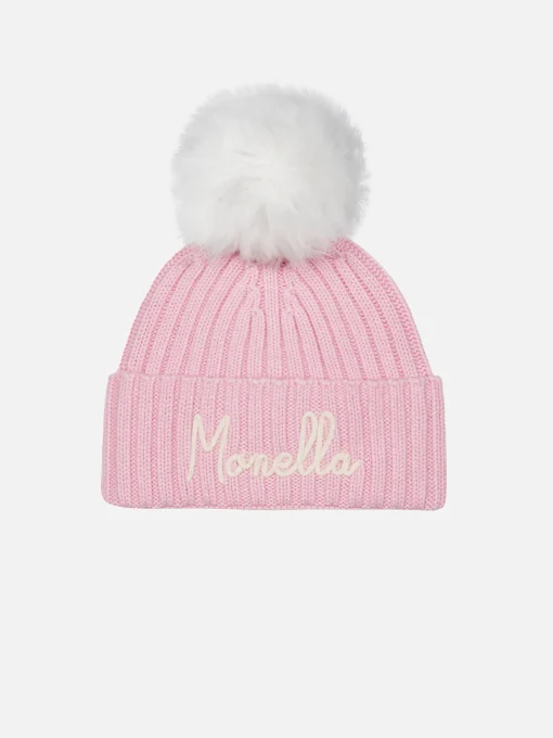 Cappello rosa da bambina Wengen con pompon e ricamo Monella