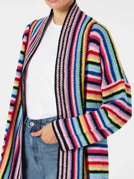 Cappotto crochet multicolore con cintura