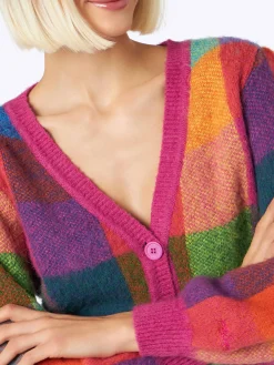 Cardigan cropped garzato da donna con maniche a sbuffo