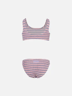 Classico bikini crinkle da bambina a righe rosa e lilla Baker