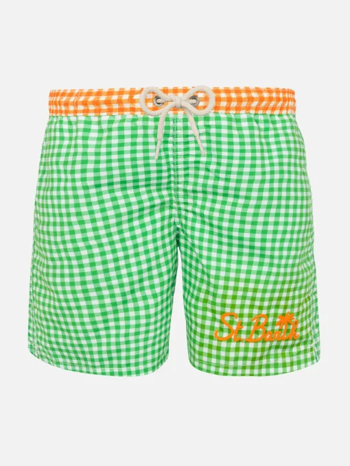 Costume da bagno da bambino vichy verde con ricami