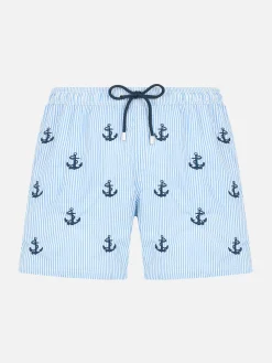 Costume da bagno da bambino in seersucker con ricamo di ancore