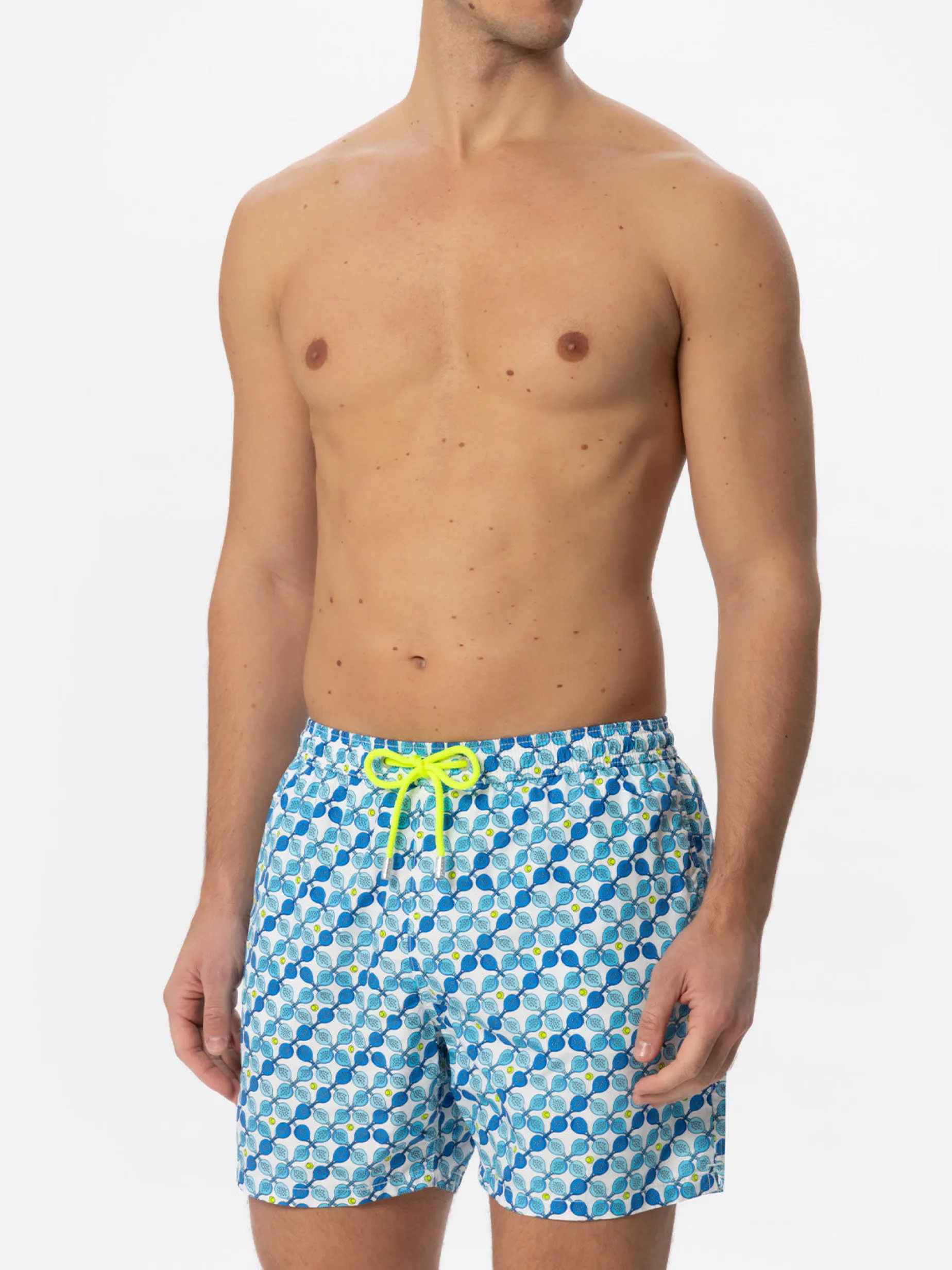 Costume da bagno da uomo in tessuto leggero con stampa racchette padel