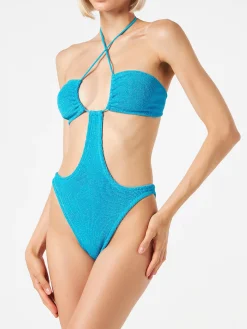 Costume da bagno trikini azzurro in lurex crinkle
