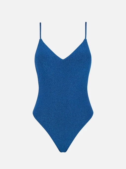 Costume intero con scollo a V in lurex bluette