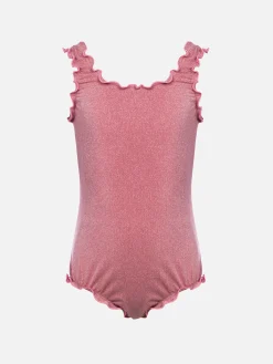 Costume intero da bambina lurex Clio con balza a contrasto