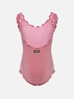 Costume intero da bambina lurex Clio con balza a contrasto