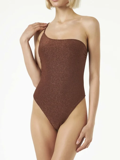 Costume intero da donna monospalla in lurex marrone
