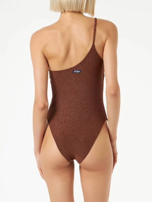 Costume intero da donna monospalla in lurex marrone