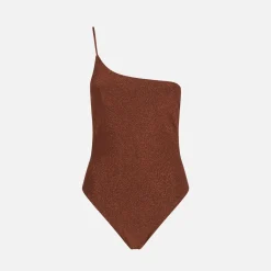 Costume intero da donna monospalla in lurex marrone