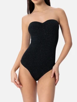 Costume intero da donna senza spalline in lurex nero Soleil
