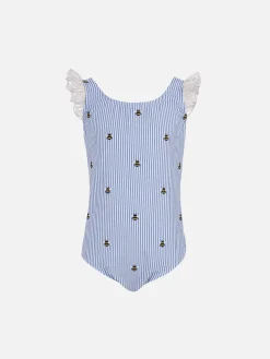 Costume intero Tilda in cotone seersucker da bambina con spalline arricciate