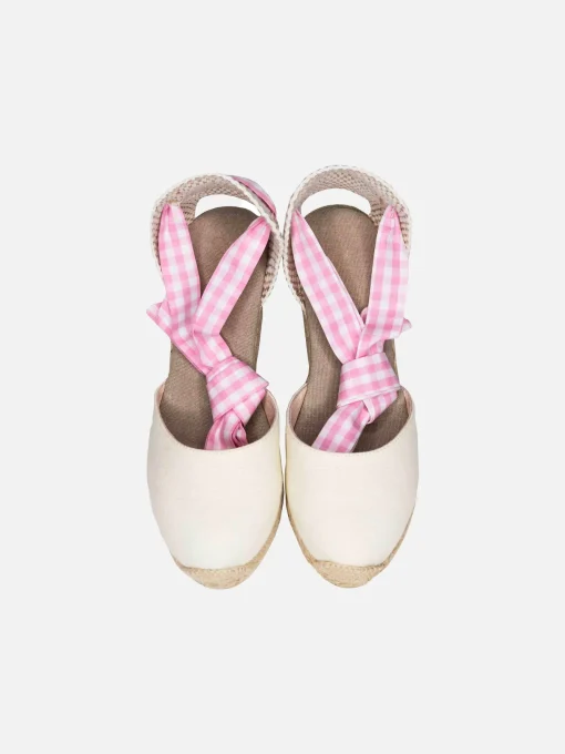 Espadrillas in canvas stampa naturale con zeppa alta e laccio alla caviglia
