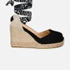 Espadrillas nere in tela stampata con zeppa alta e laccio alla caviglia