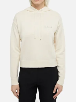 Felpa con cappuccio lavorata a maglia bianco sporco da donna