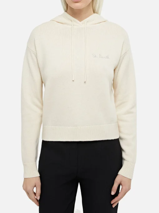 Felpa con cappuccio lavorata a maglia bianco sporco da donna