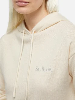Felpa con cappuccio lavorata a maglia bianco sporco da donna